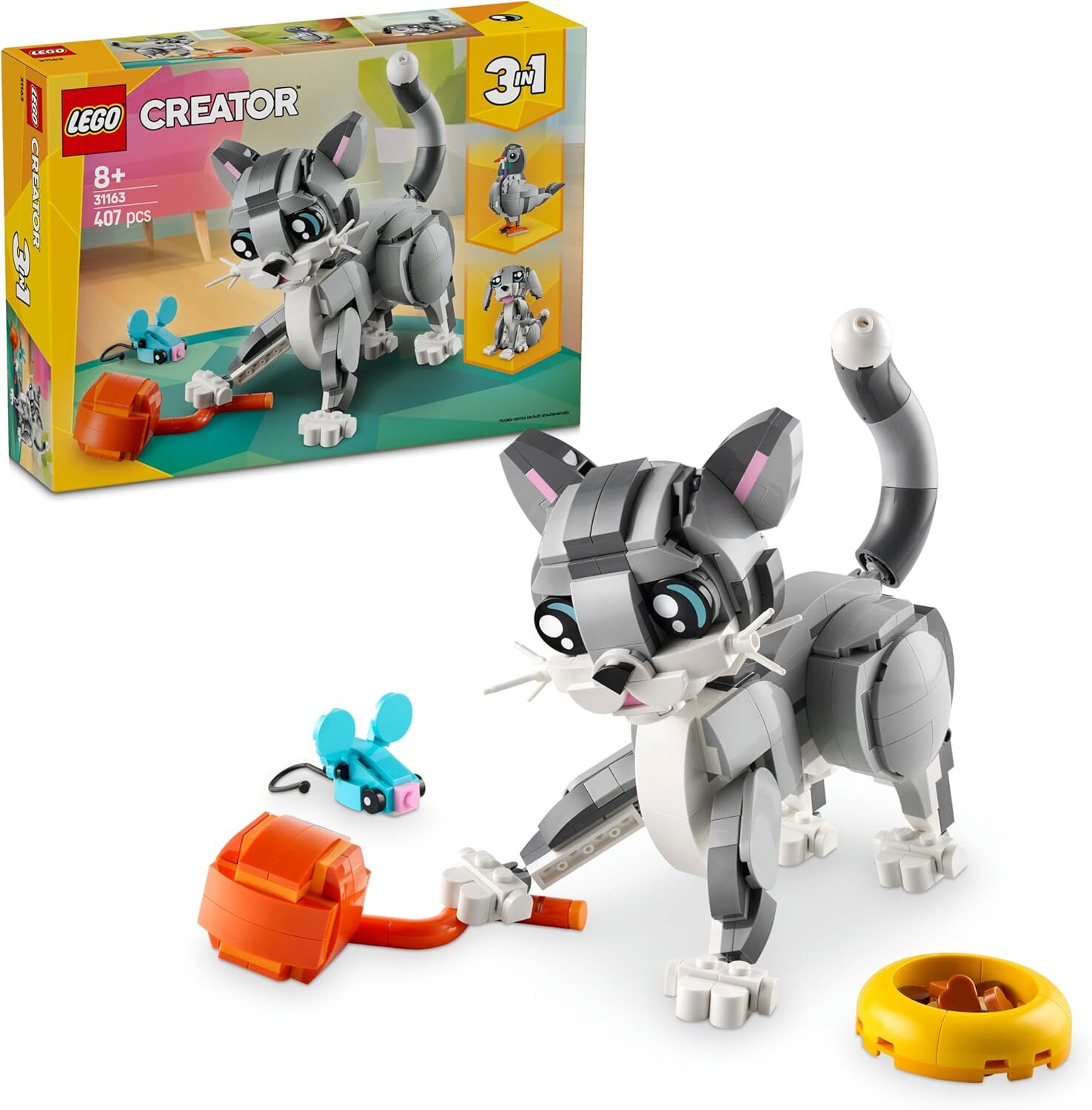 LEGO Creator 3’ü 1 Arada Oyunbaz Kedi 31163-8 Yaş ve Üzeri Çocuklar için Köpek veya Güvercin Figürüne Dönüşebilen Oyuncak Yapım Seti, Doğum Günü Hediyesi (407 Parça)