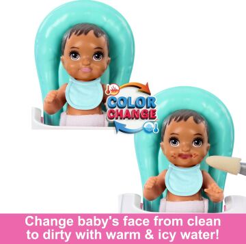 Barbie Skipper Doll & Playset with Accessories, Yemek Zamanı Temalı Bebek Bakıcılığı Seti, Renk Değişimi Oyuncak Oyunu