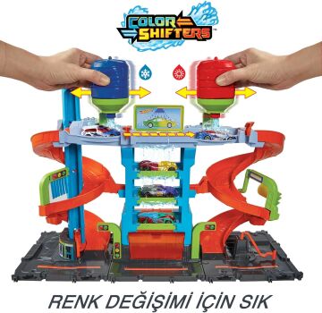 Hot Wheels City Mega Araba Yıkama, 1 adet Renk Değiştiren Arabalar aracı, sıcak ve soğuk su tankları ile HDP05