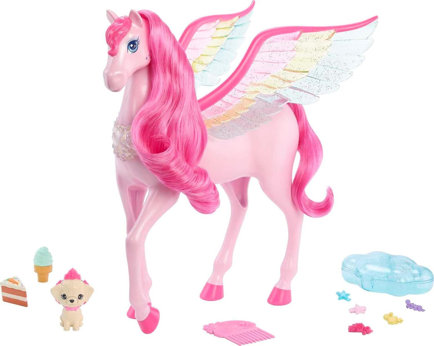 Barbie Rosa Pegasus 10 aksesuarlı köpek yavrusu dahil, kanatlı at oyuncağı, ışıklı ve sesli, sihir dokunuşu