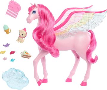 Barbie Rosa Pegasus 10 aksesuarlı köpek yavrusu dahil, kanatlı at oyuncağı, ışıklı ve sesli, sihir dokunuşu