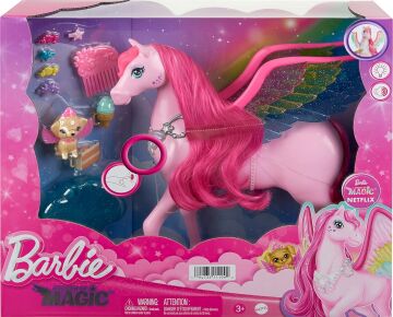 Barbie Rosa Pegasus 10 aksesuarlı köpek yavrusu dahil, kanatlı at oyuncağı, ışıklı ve sesli, sihir dokunuşu