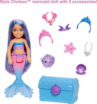Barbie Chelsea Deniz Kızı Bebeği, 2 hayvan dostu, hazine sandığı, aksesuarları ve rengarenk saçlarıyla, 3 yaş ve üzeri HHG57