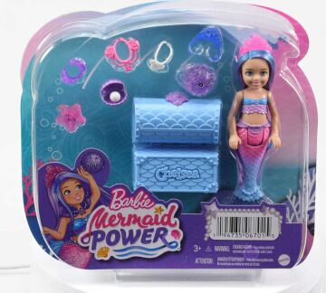 Barbie Chelsea Deniz Kızı Bebeği, 2 hayvan dostu, hazine sandığı, aksesuarları ve rengarenk saçlarıyla, 3 yaş ve üzeri HHG57