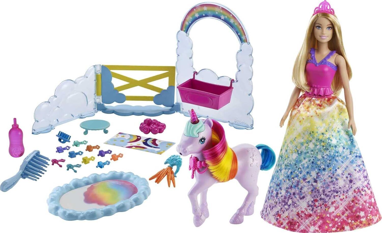 Barbie Dreamtopia Bebek ve Tek Boynuzlu At, renk değiştiren tuvaletiyle tek boynuzlu at ve 18 aksesuar, 3-7 yaş GTG01