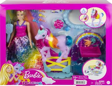 Barbie Dreamtopia Bebek ve Tek Boynuzlu At, renk değiştiren tuvaletiyle tek boynuzlu at ve 18 aksesuar, 3-7 yaş GTG01