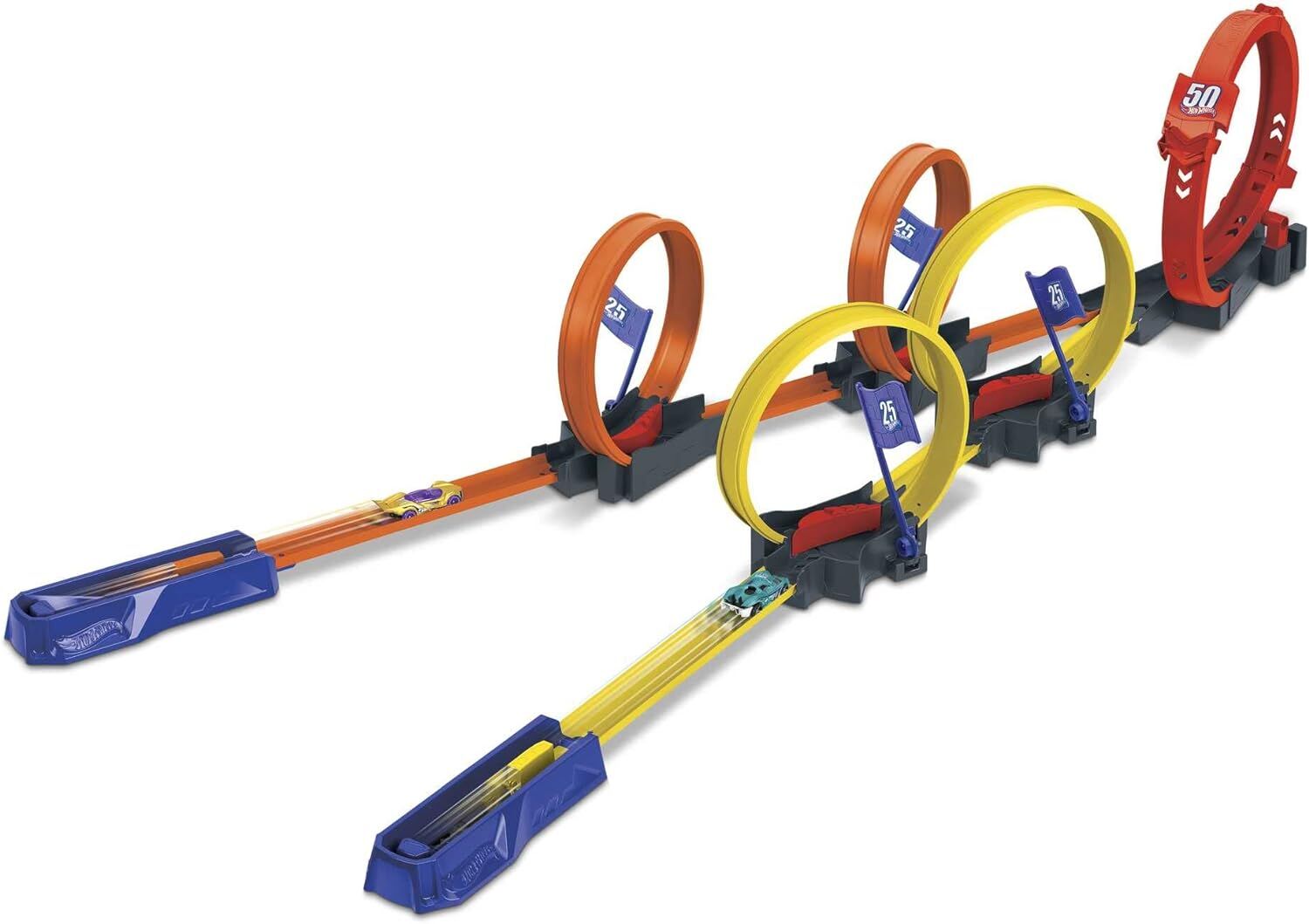 Hot Wheels Çok Çemberli Yarış Oyun Seti, 1 Hot Wheels araba dahil, tek kişilik veya çok oyunculu rekabet, 63 cm uzunluğunda çemberli pist, 4-10 yaş HDR83