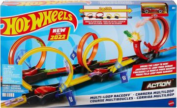 Hot Wheels Çok Çemberli Yarış Oyun Seti, 1 Hot Wheels araba dahil, tek kişilik veya çok oyunculu rekabet, 63 cm uzunluğunda çemberli pist, 4-10 yaş HDR83