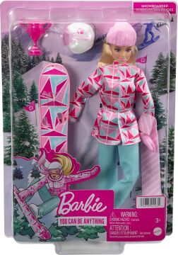 Barbie Snowboard Sporcusu Bebek (30 cm), ceket, pantolon, atkı, kask, snowboard tahtası ve kupa, 3 yaş ve üzeri HCN32