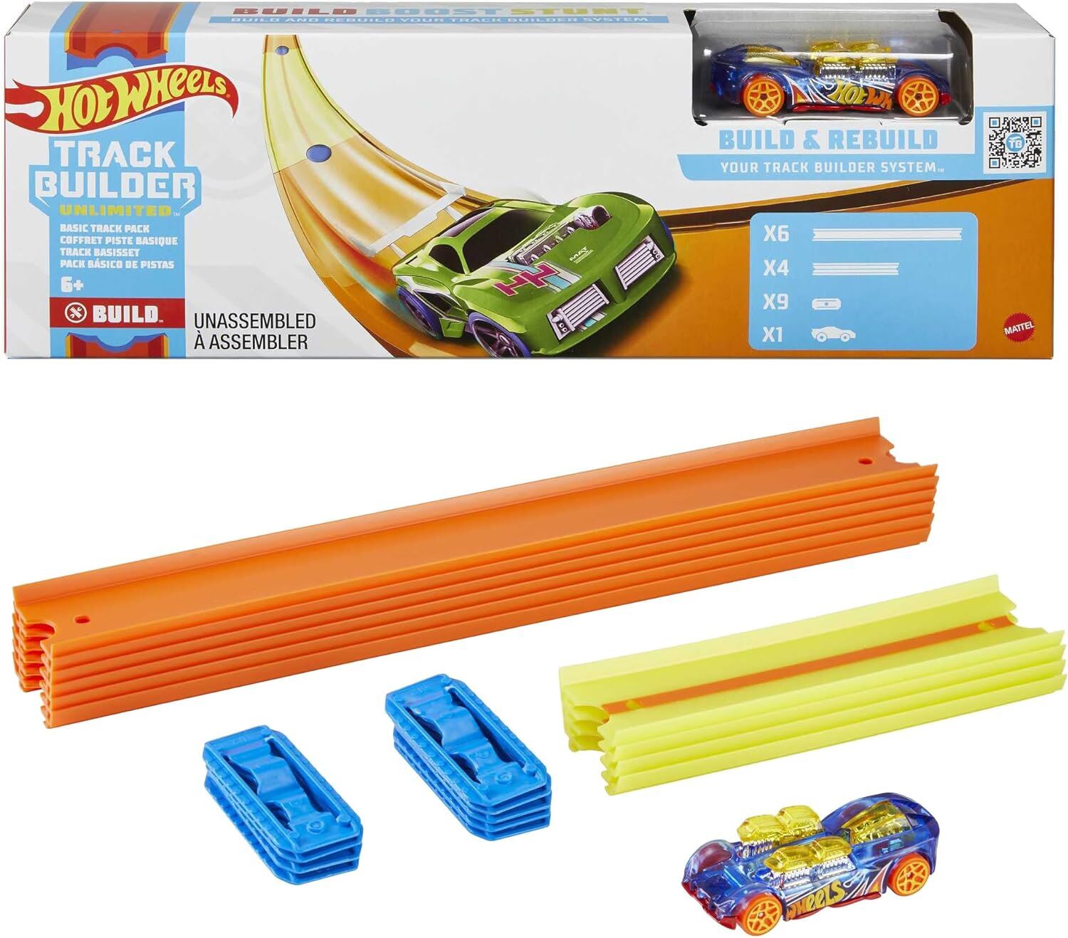 Hot Wheels Track Builder Temel Pist Seti, 10 Adet Pist Parçası, 9 Adet Pist Bağlantı Parçası ve Bir Adet 1:64 Ölçekli Hot Wheels Araba İçeren Eklenebilir Pist Inşasına Başlangıç Seti, 6 Yaş ve Üzeri