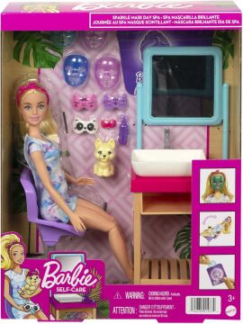 Barbie Wellness - Işıltı Dolu Spa Günü Oyun Seti, sarışın Barbie, 7 spa maskesi, lavabo, ayna, sandalyeyle birlikte 15'ten fazla aksesuar, 3-7 yaş arası çocuklar için HCM82