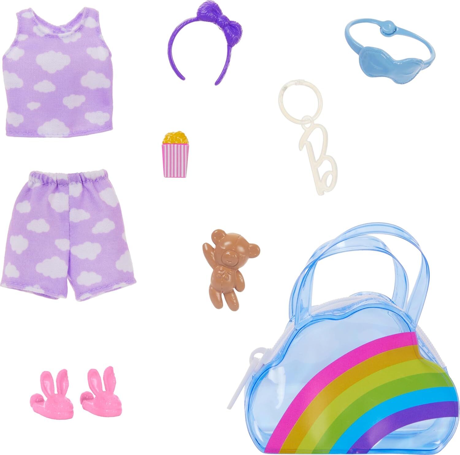 Barbie Premium Rainbow Cloud Moda Çanta, Mor Pijama, Pembe Terlik ve Aksesuarlar