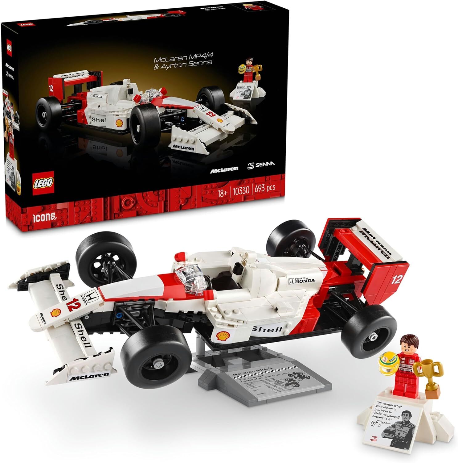 LEGO Icons McLaren MP4/4 ve Ayrton Senna 10330 - Araç Tutkunu Yetişkinler için Koleksiyonluk Yaratıcı Model Araba Yapım Seti (693 Parça)