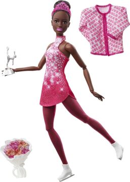 Barbie Buz Pateni Sporcusu Bebek (30 cm), pembe elbiseli, ceket, gül buketi ve ödül, 3 yaş ve üzeri HCN31