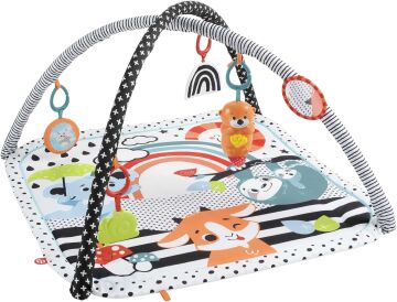 Fisher Price Neşeli Hayvanlar 3'ü 1 Arada Jimnastik Merkezi, bebek oyun minderi, karın üstünde oynamaya uygundur ve taşınabilir HBP41
