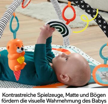 Fisher Price Neşeli Hayvanlar 3'ü 1 Arada Jimnastik Merkezi, bebek oyun minderi, karın üstünde oynamaya uygundur ve taşınabilir HBP41