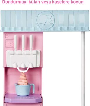 Barbie Dondurma Dükkanı Oyun Seti, 30 cm sarışın bebek, 2 kutu oyun hamuru, 2 kase, 2 külah, 3 dekoratif dondurma süsü, 2 kaşık ve kasa, 3 yaş ve üzeri HCN46