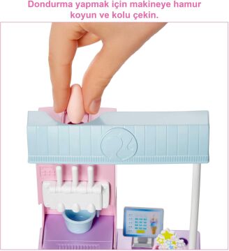 Barbie Dondurma Dükkanı Oyun Seti, 30 cm sarışın bebek, 2 kutu oyun hamuru, 2 kase, 2 külah, 3 dekoratif dondurma süsü, 2 kaşık ve kasa, 3 yaş ve üzeri HCN46
