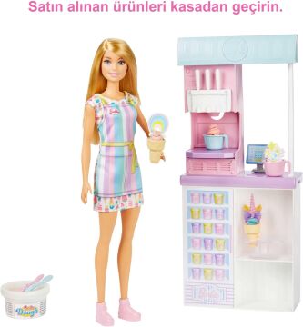 Barbie Dondurma Dükkanı Oyun Seti, 30 cm sarışın bebek, 2 kutu oyun hamuru, 2 kase, 2 külah, 3 dekoratif dondurma süsü, 2 kaşık ve kasa, 3 yaş ve üzeri HCN46