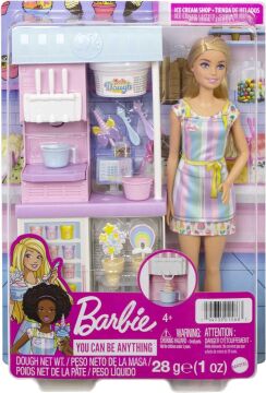 Barbie Dondurma Dükkanı Oyun Seti, 30 cm sarışın bebek, 2 kutu oyun hamuru, 2 kase, 2 külah, 3 dekoratif dondurma süsü, 2 kaşık ve kasa, 3 yaş ve üzeri HCN46