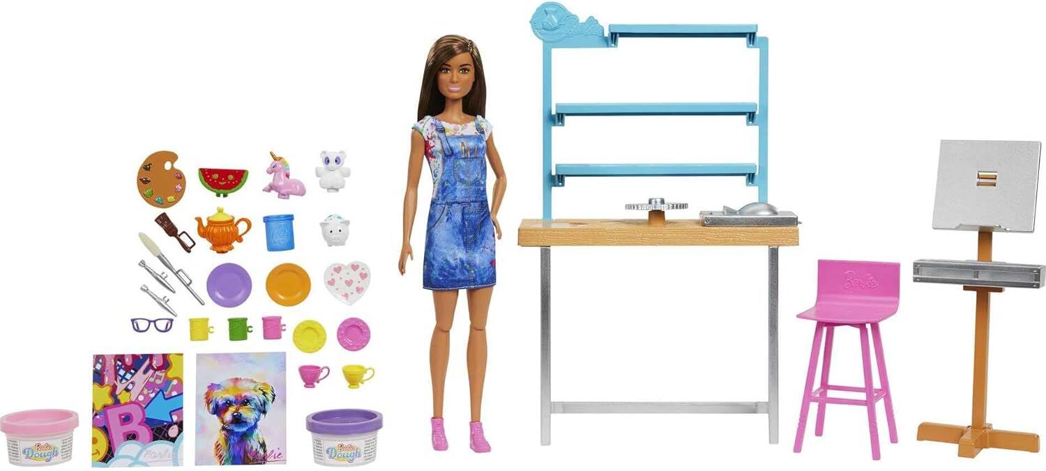 Barbie'nin Sanat Atölyesi, Barbie Bebek (29 cm), çömlek yapımı ve resim sanatı için 25'ten fazla aksesuar, oyun hamuru, vazo kalıbı, tuvaller ve daha fazlası, 3-7 yaş arası HCM85