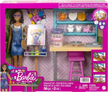Barbie'nin Sanat Atölyesi, Barbie Bebek (29 cm), çömlek yapımı ve resim sanatı için 25'ten fazla aksesuar, oyun hamuru, vazo kalıbı, tuvaller ve daha fazlası, 3-7 yaş arası HCM85