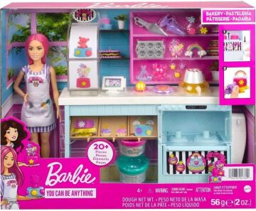 Barbie Pasta Dükkanı Oyun Seti ve Pembe Saçlı 30 cm Minyon Bebek, Fırın Standı, Pasta Yapma Özelliği, 20'den Fazla Oyun Parçası, 3 Yaş ve Üzeri için (HGB73)