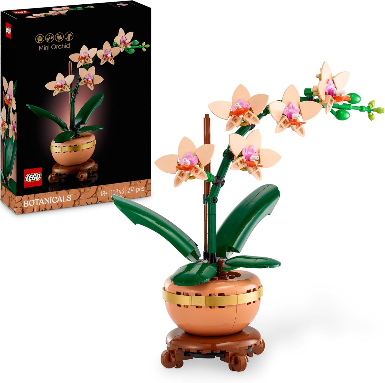 LEGO Botanicals Mini Orkide 10343 – Açık Renkli Terakota Saksı ve Ahşap Efektli Kaide İçeren Yetişkin Kadın ve Erkekler için Dekoratif Çiçek Yapım Seti, Ev ve Ofis Dekorasyonu Hediye Fikri (274 Parça)