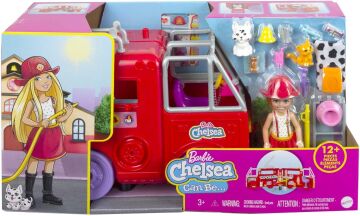 Barbie Chelsea İtfaiye Aracı Oyun Seti, Chelsea (15 cm), itfaiye aracı, 15'ten fazla aksesuar, çıkartmalar, 3 yaş ve üzeri için HCK73