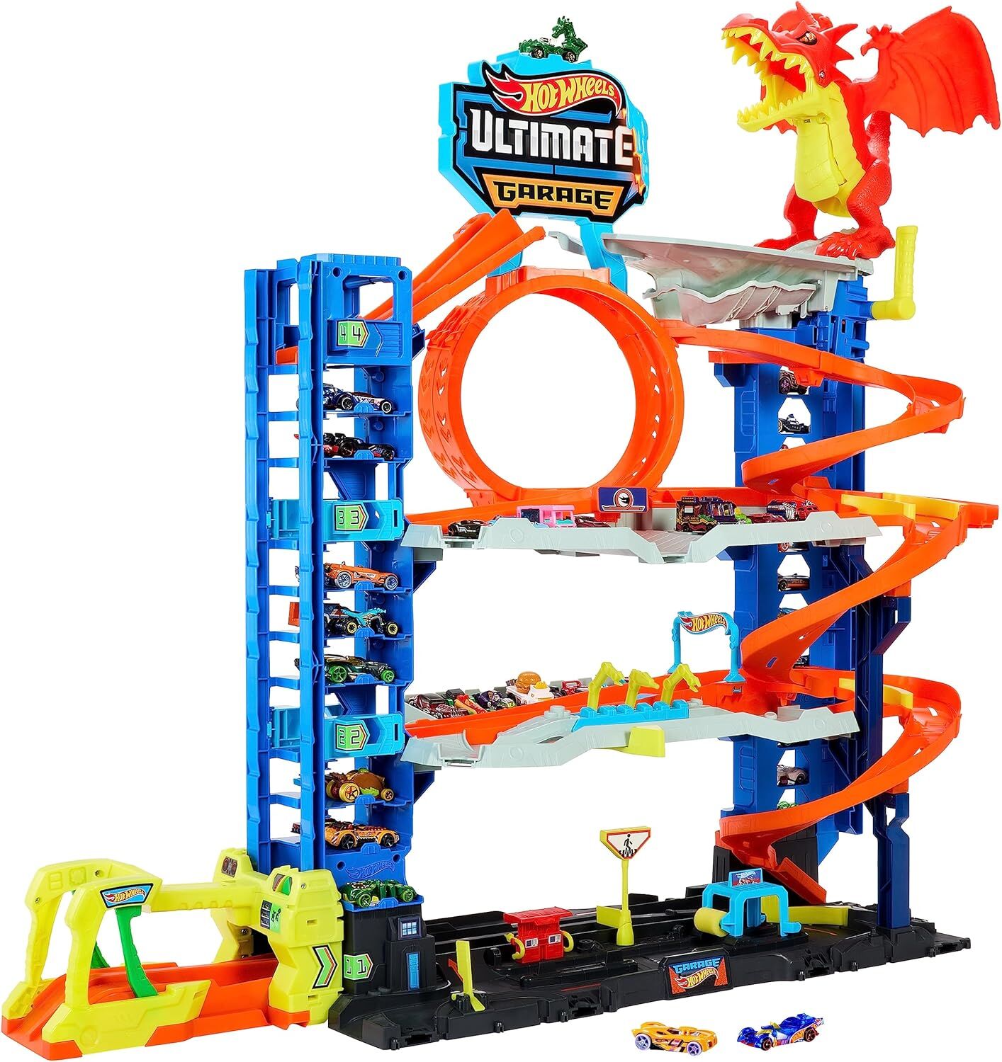 Hot WHeeLS Yeni Ultimate Garaj, 2 Döküm Araba içeren Oyun Seti, 50'den fazla 1:64 Ölçekli Araba için Oyuncak Depolama, 4 Seviyeli Pist Oyunu, Ejderhayı Yen