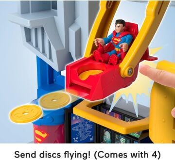 IMAGINEXT DC Super Friends - Batman ve Süpermen figürleri, Batwing uçağı ve itmek için Batcycle ile üstün merkez - 3 ila 8 yaş arası çocuklar için oyun seti, HNW08, Çok renkli