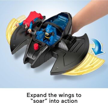 IMAGINEXT DC Super Friends - Batman ve Süpermen figürleri, Batwing uçağı ve itmek için Batcycle ile üstün merkez - 3 ila 8 yaş arası çocuklar için oyun seti, HNW08, Çok renkli