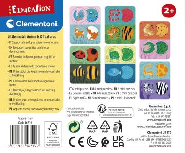Clementoni - 16719 - Eğitim - Little Match - Hayvanlar ve Kürkler - 12 Mini Yapboz - 2 Yaşında Çocuk Oyunu, 2 Yıl Öğrenme Oyunu, Çocuklar için El İşleri,%100 Geri Dönüşümlü Malzemeler