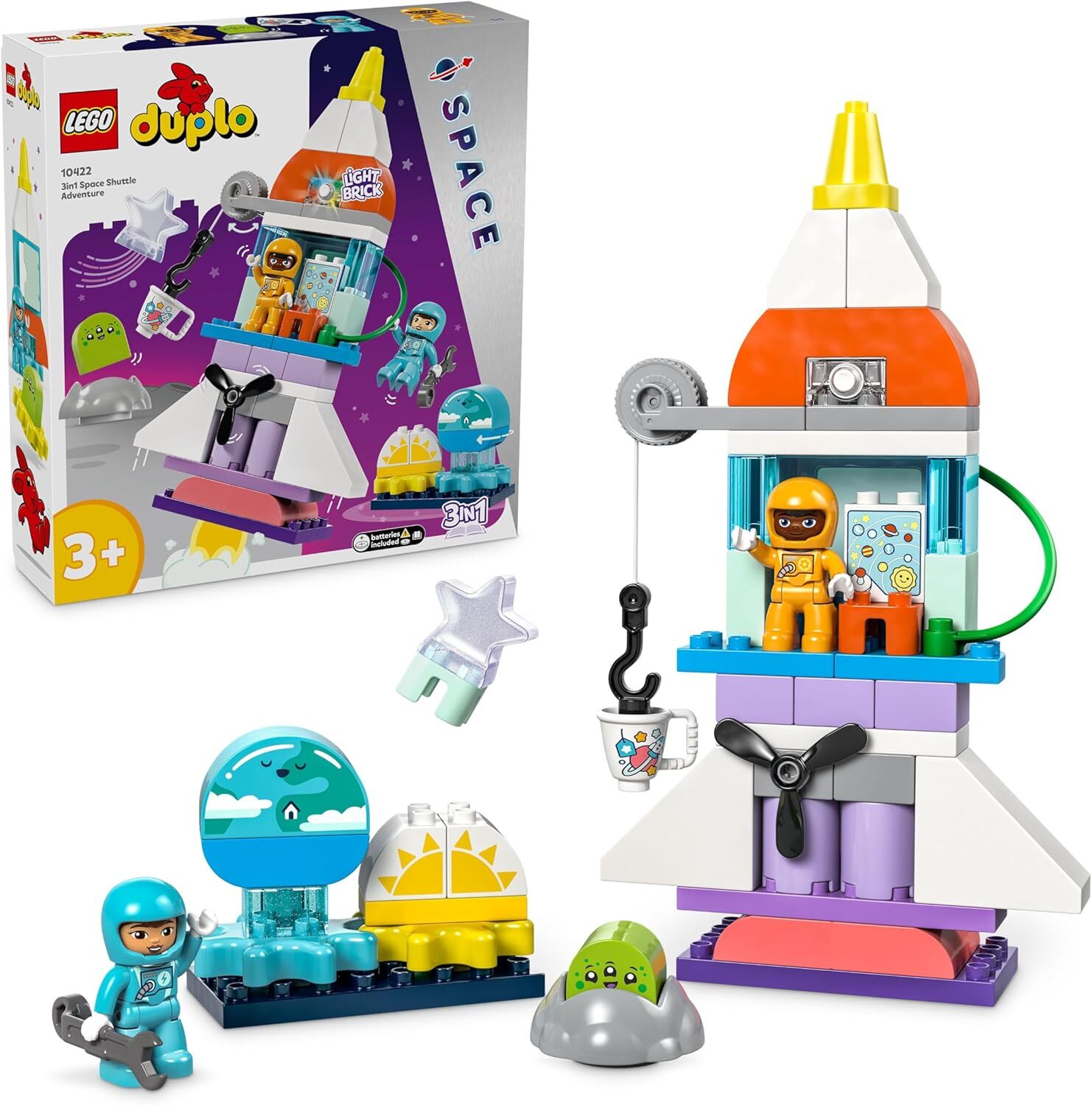 LEGO DUPLO 3’ü 1 Arada Uzay Mekiği Macerası 10422-3 Yaş ve Üzeri Çocuklar için Astronot Minifigürü İçeren Eğitici Oyuncak Yapım Seti (58 Parça)