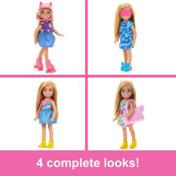 Barbie Chelsea oyuncak bebek ve dolap oyuncak seti, 15 parça giysi ve aksesuar dahil, katlanabilir set, hareket halindeyken oyun ve saklama için