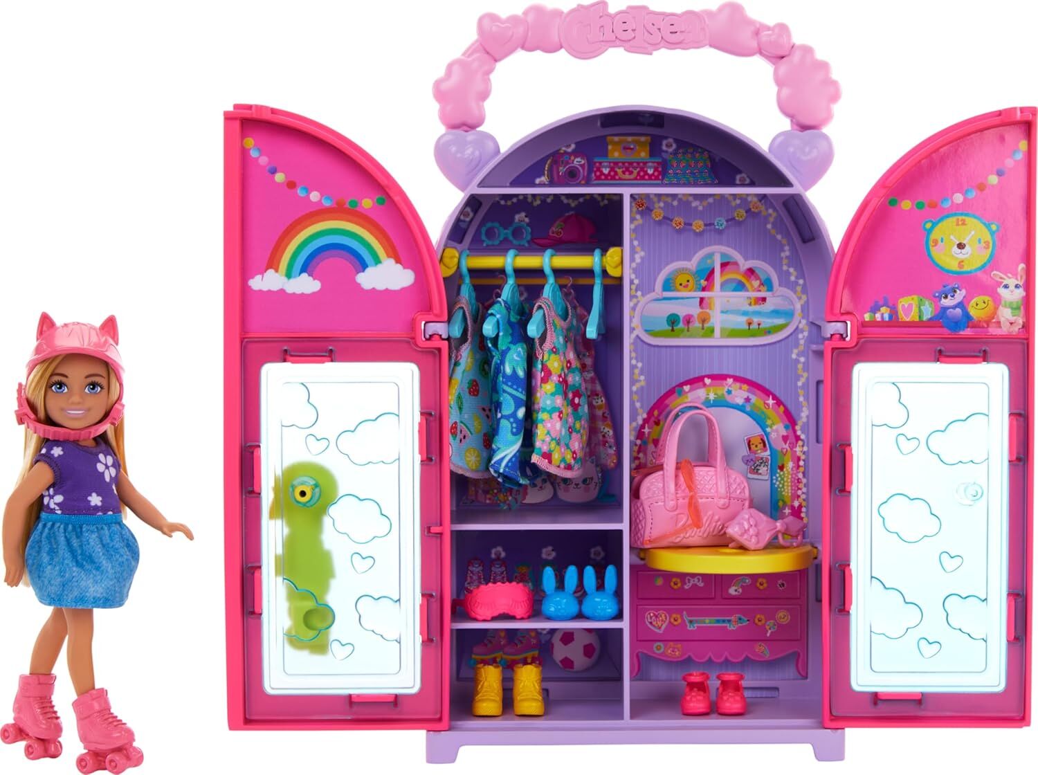 Barbie Chelsea oyuncak bebek ve dolap oyuncak seti, 15 parça giysi ve aksesuar dahil, katlanabilir set, hareket halindeyken oyun ve saklama için