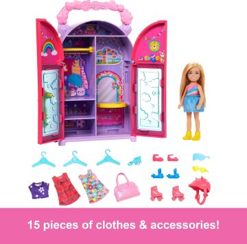Barbie Chelsea oyuncak bebek ve dolap oyuncak seti, 15 parça giysi ve aksesuar dahil, katlanabilir set, hareket halindeyken oyun ve saklama için