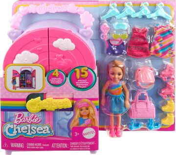 Barbie Chelsea oyuncak bebek ve dolap oyuncak seti, 15 parça giysi ve aksesuar dahil, katlanabilir set, hareket halindeyken oyun ve saklama için