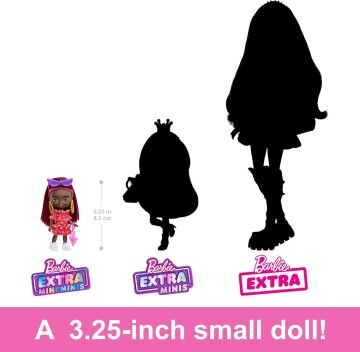 Barbie Bordo Saçlı Ekstra Mini Mini Bebek, Kırmızı Fırfır Elbise, Güneş Gözlüğü ve Aksesuarları ve Standı, 8,25 cm