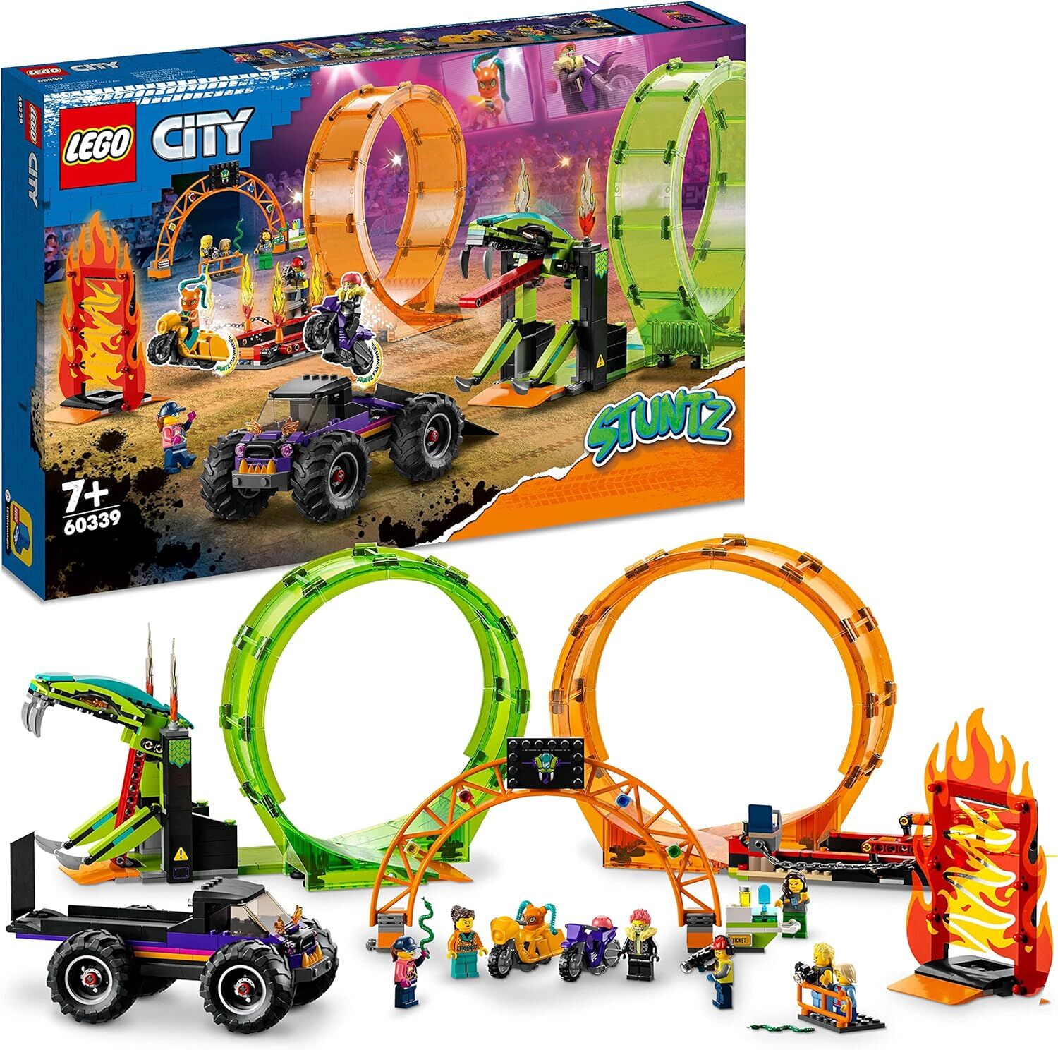LEGO® City Çift Çemberli Gösteri Arenası 60339 7 Yaş ve Üzeri Çocuklar için 2 Volanlı Gösteri Motosikleti İçeren Oyuncak Yapım Seti (598 Parça)