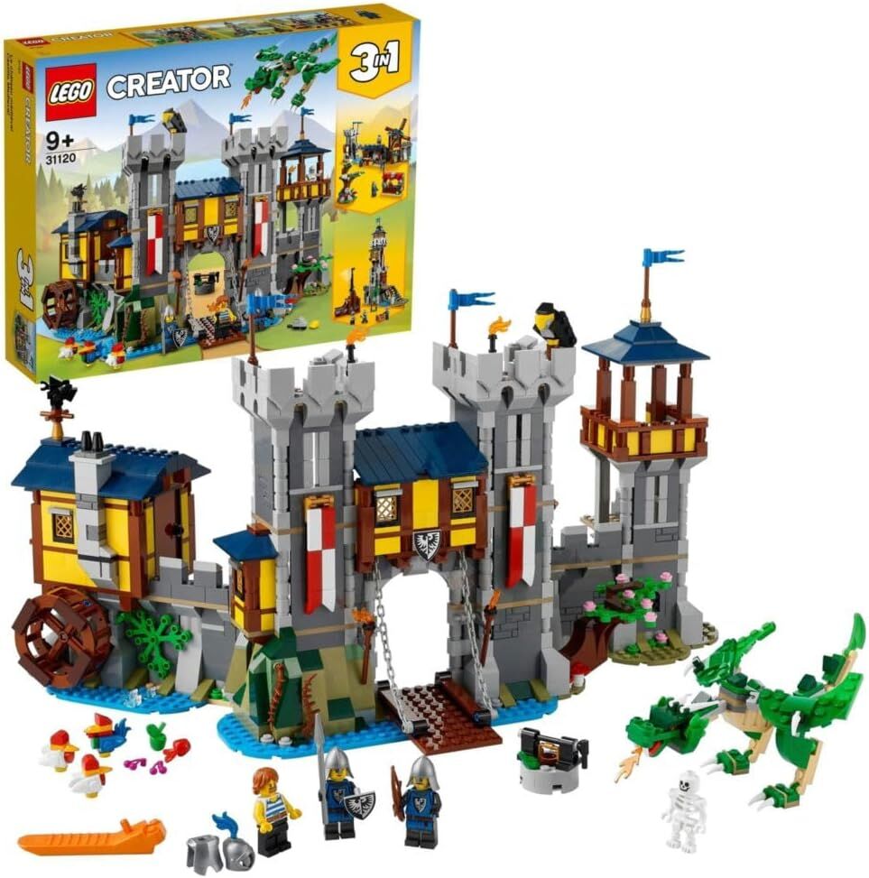 LEGO Creator 3’ü 1 Arada Ortaçağ Kalesi 31120 - Hendekli ve Köprülü Kale, 3 Minifigür İçeren Oyuncak Yapım Seti (1426 Parça)
