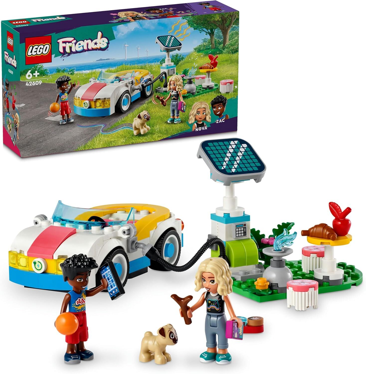 LEGO Friends Elektrikli Araba ve Şarj İstasyonu 42609-6 Yaş ve Üzeri Çocuklar için Zac ve Nova Minifigürü İçeren Yaratıcı Oyuncak Yapım Seti (170 Parça)