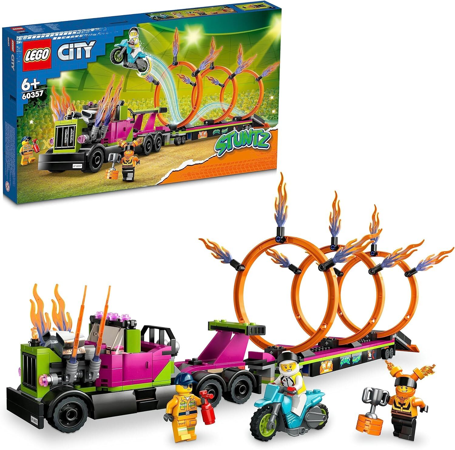 LEGO City Gösteri Kamyonu ve Ateş Çemberi Yarışması 60357-6 Yaş ve Üzeri Çocuklar İçin Motosikletli Minifigür İçeren Yaratıcı Oyuncak Yapım Seti (479 Parça)